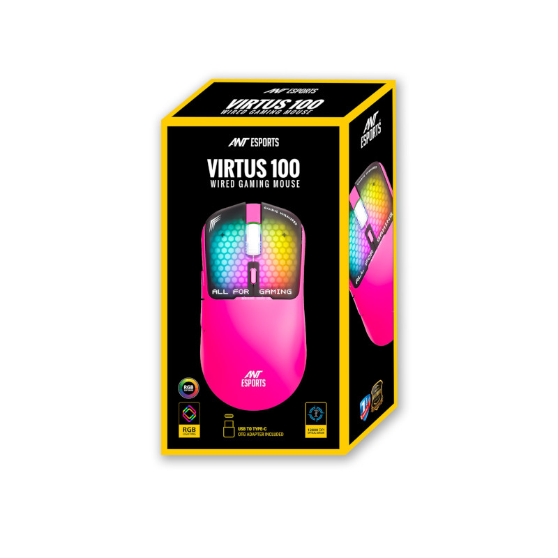 Ant Esports Virtus100 Wired 12800DPI Gaming Mouse - Pink