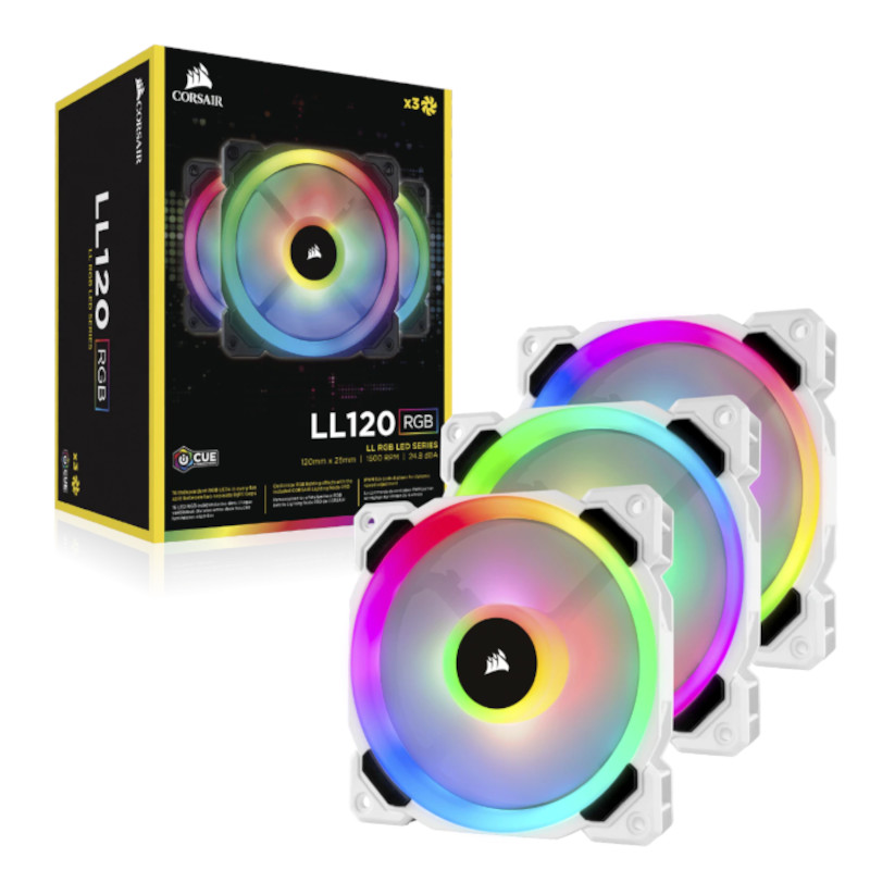 Corsair LL120 RGB 120mm Dual Light Loop White RGB LED PWM Fan — Triple Pack with Lighting Node PRO